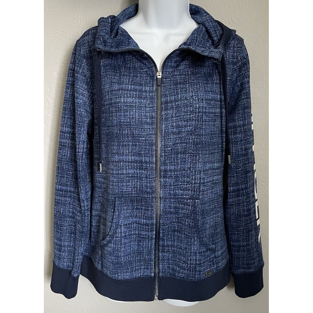 Tommy Hilfiger Blue Softshell Hooded Jacket‎ Spell out Sleeve Womens Size Large